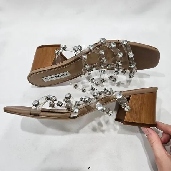Steve Madden Intricate Clear Rhinestone Block Heel Slide Sandals 8 Dressy Party - Picture 10 of 11